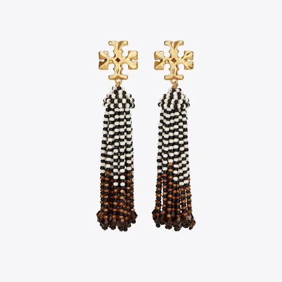 TORY BURCH ROXANNE BEADED TASSEL EARRING RED/ BLACK BEADS NEW WITH PACKAGE - Picture 1 of 7